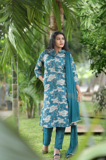 Teal Lotus kurti set
