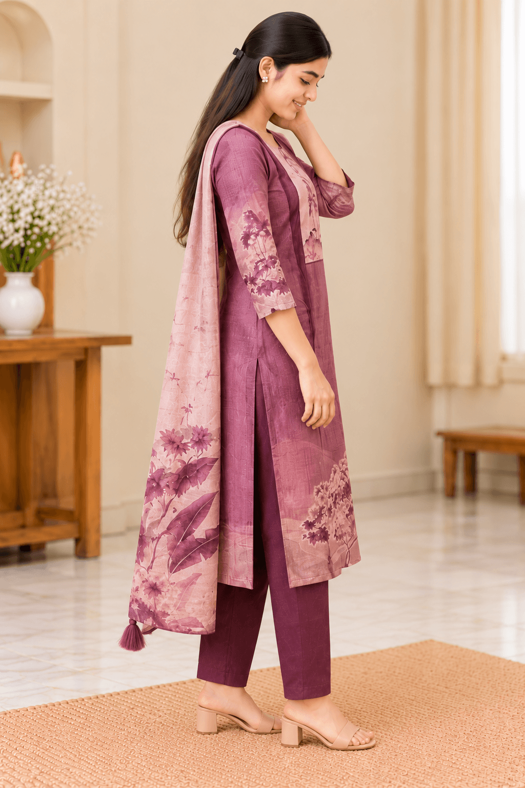 Women’s Fancy Printed Kurti Pant Set with Dupatta in Dusty Pink and Mauve with Floral Prints