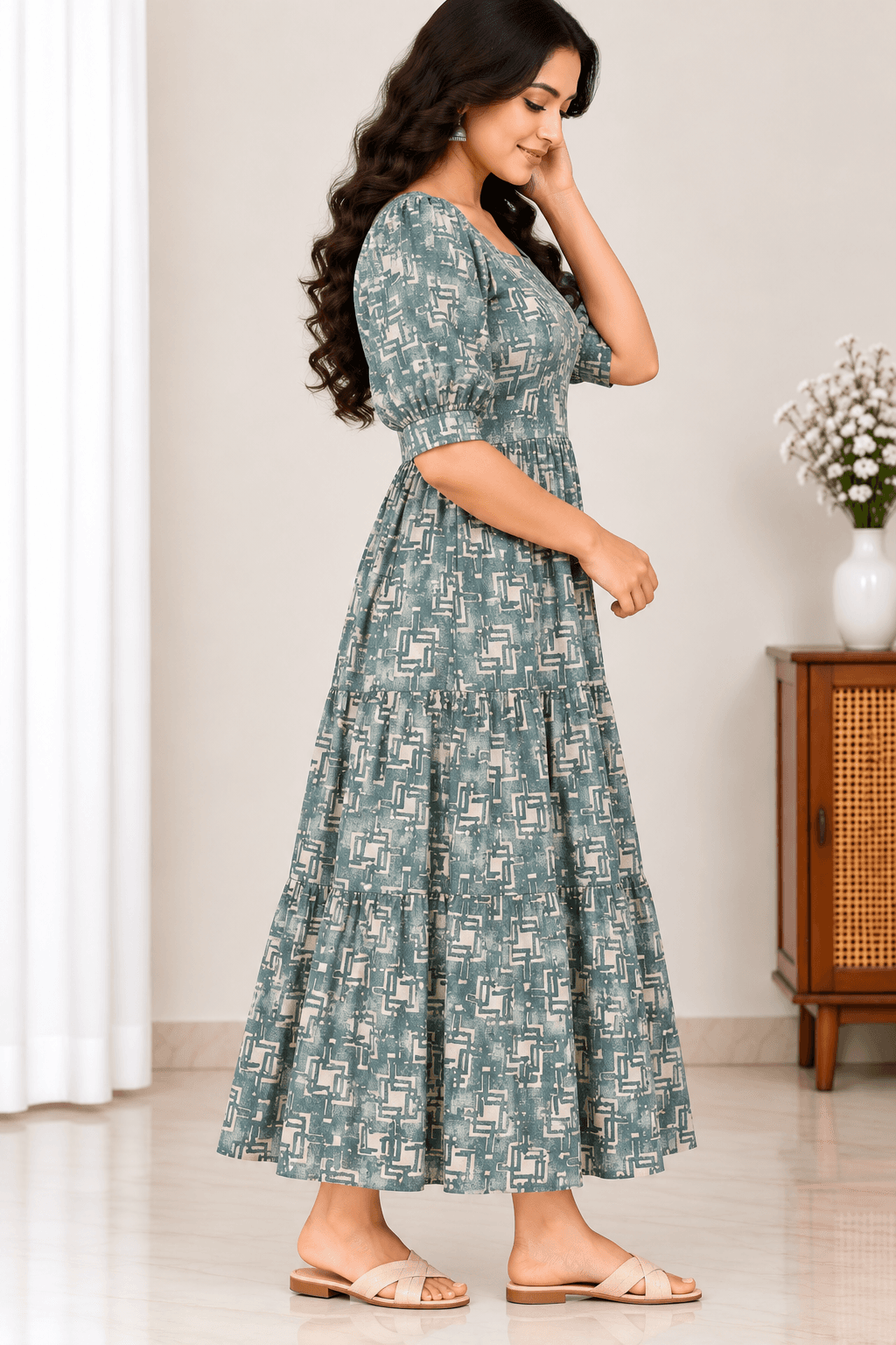 Women’s Teal Blue Cotton Feeding Gown in Teal Blue with Cream Print 3