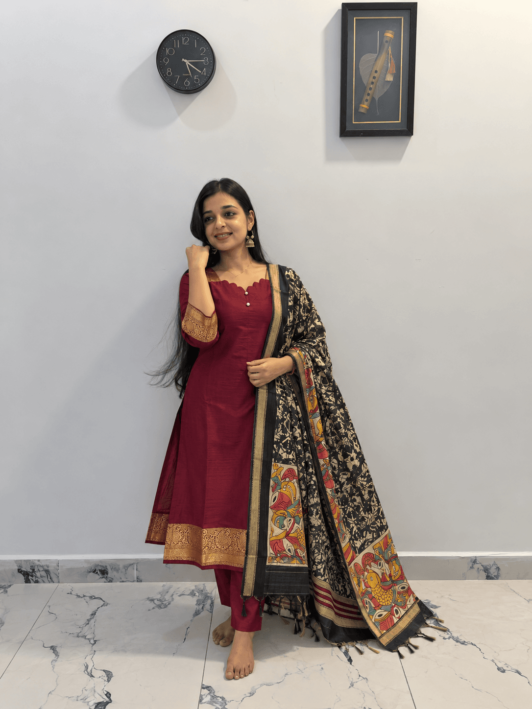 Women’s Wine Maroon Kurti Set with Black Kalamkari Printed Dupatta and Matching Pants in Maroon 1