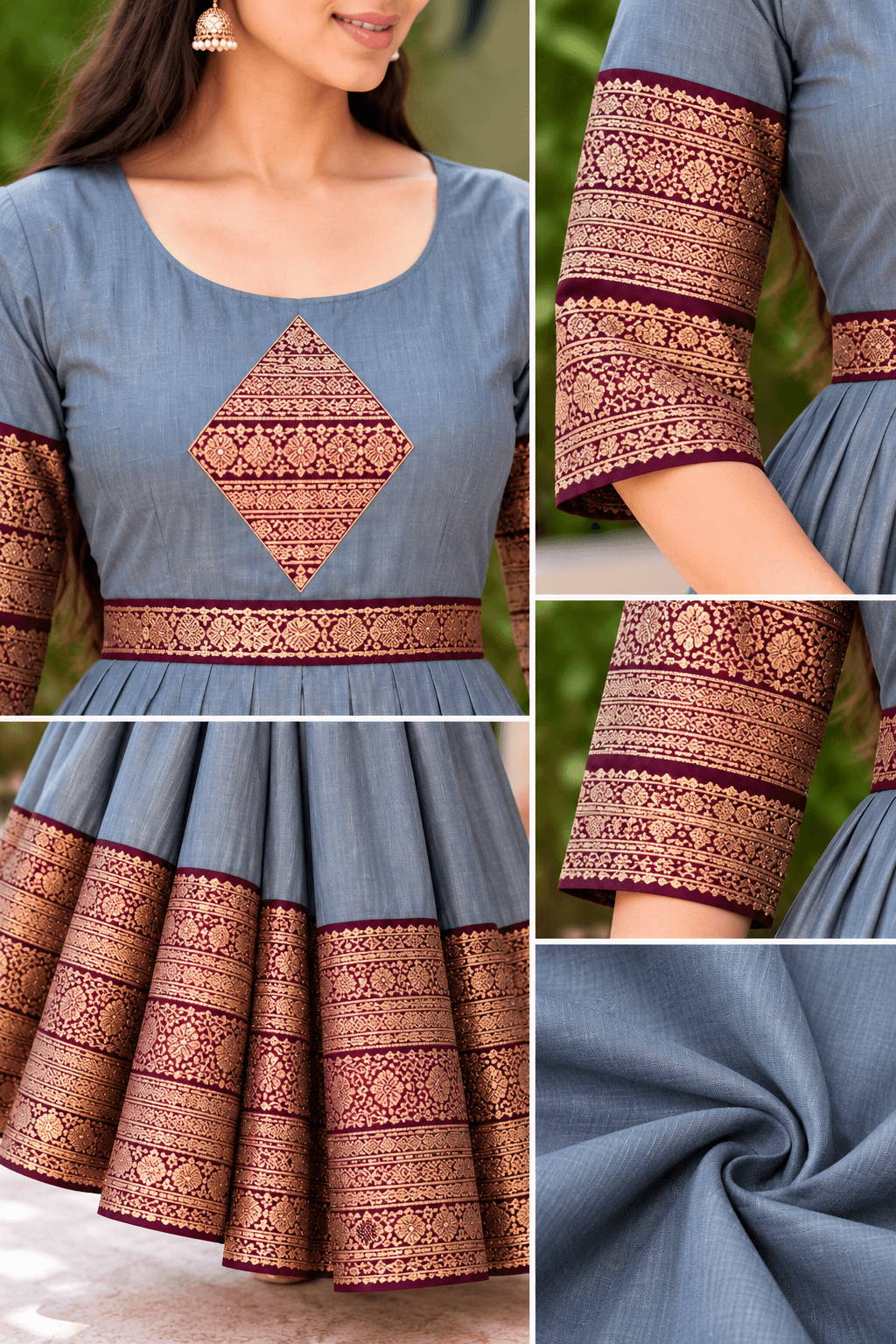 Elegant Steel Grey Anarkali Gown with Maroon and Antique Gold Zari Border in Steel Grey with Maroon and Antique Gold