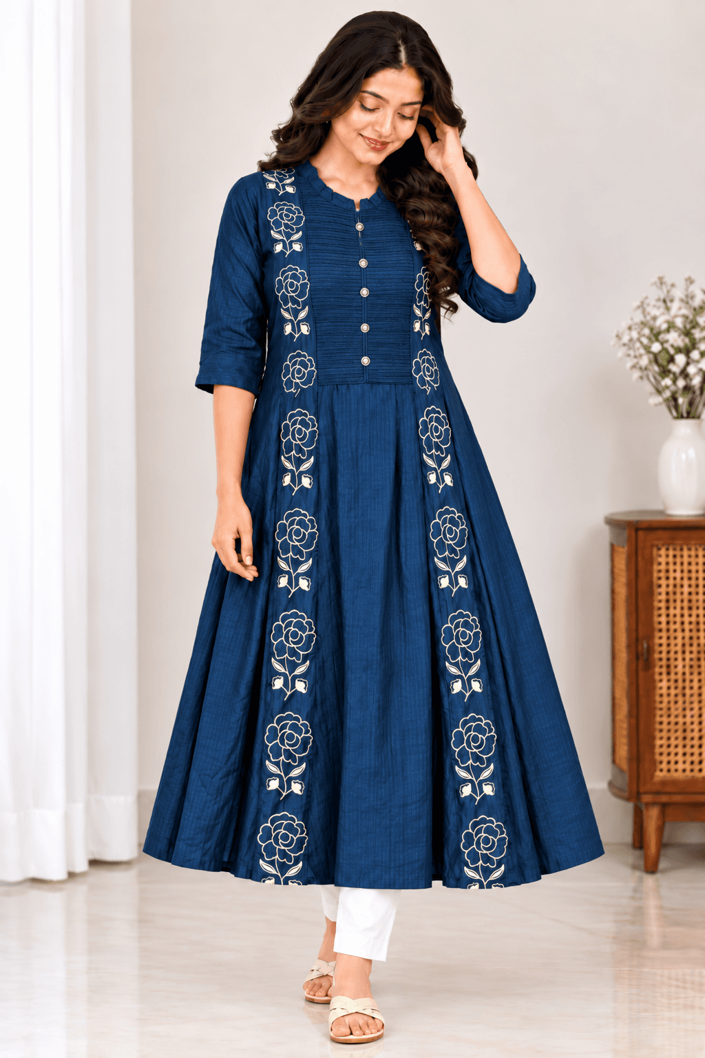 Royal Blue Floral Embroidered Maternity Feeding Kurti – Front Button Flared Gown in Royal Blue 2