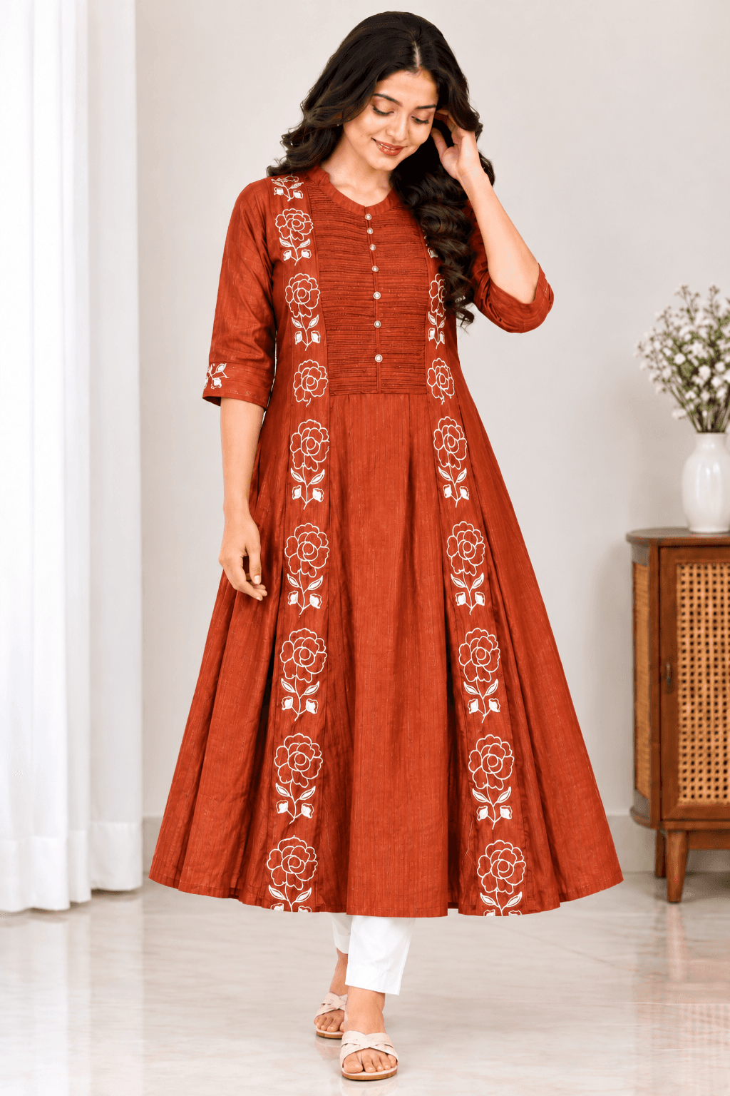 Rust Orange Floral Embroidered Maternity Feeding Kurti – Front Button Flared Gown in Rust Orange 2