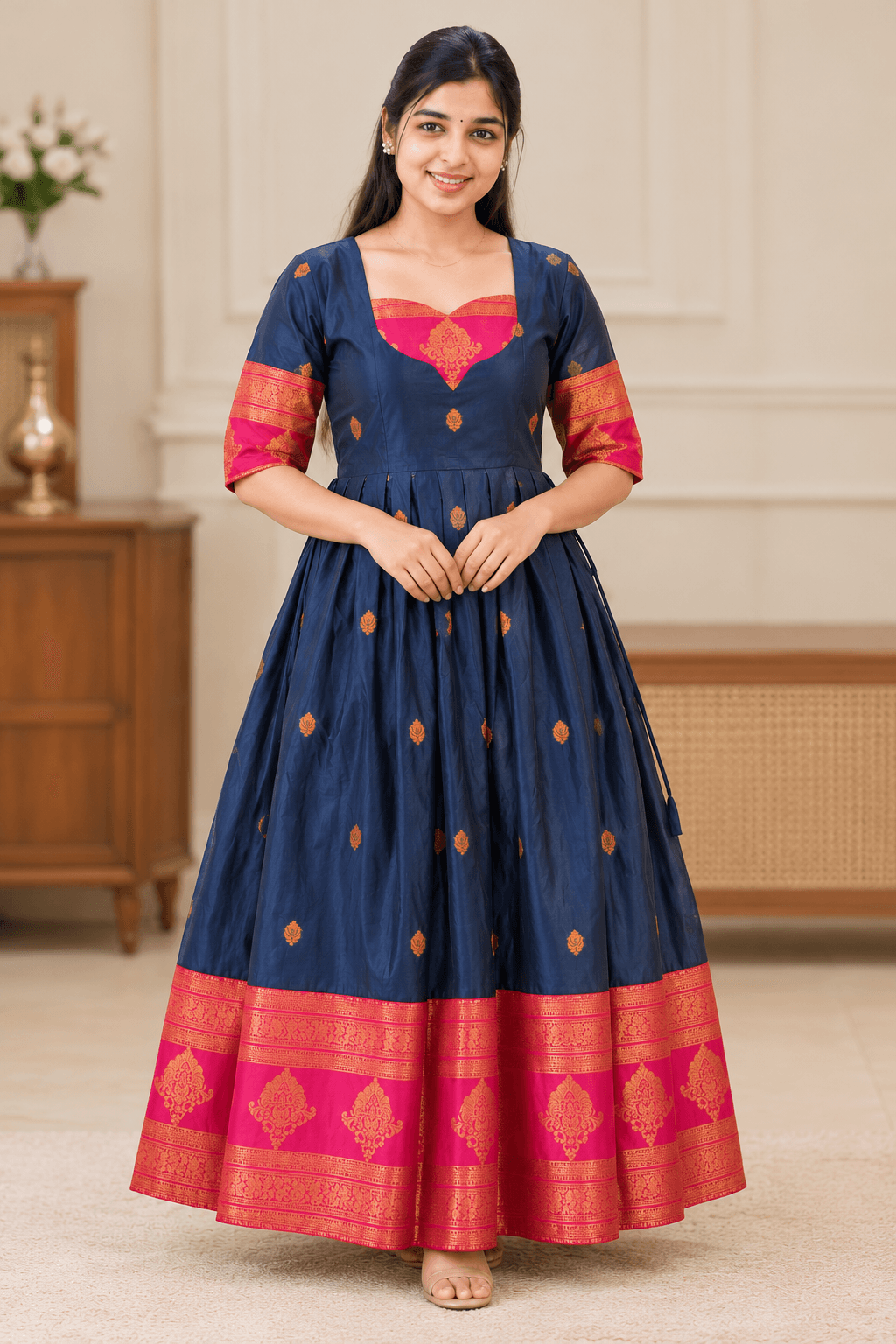 Women’s Navy Blue Raw Silk Ethnic Gown with Rani Pink Zari Border in Navy Blue with Rani Pink/Wine and Gold Detailing  3