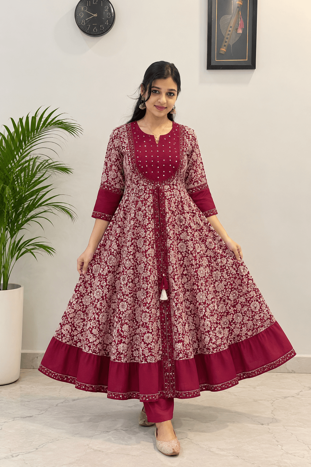 Maroon Printed Cotton Anarkali Kurti in Maroon
