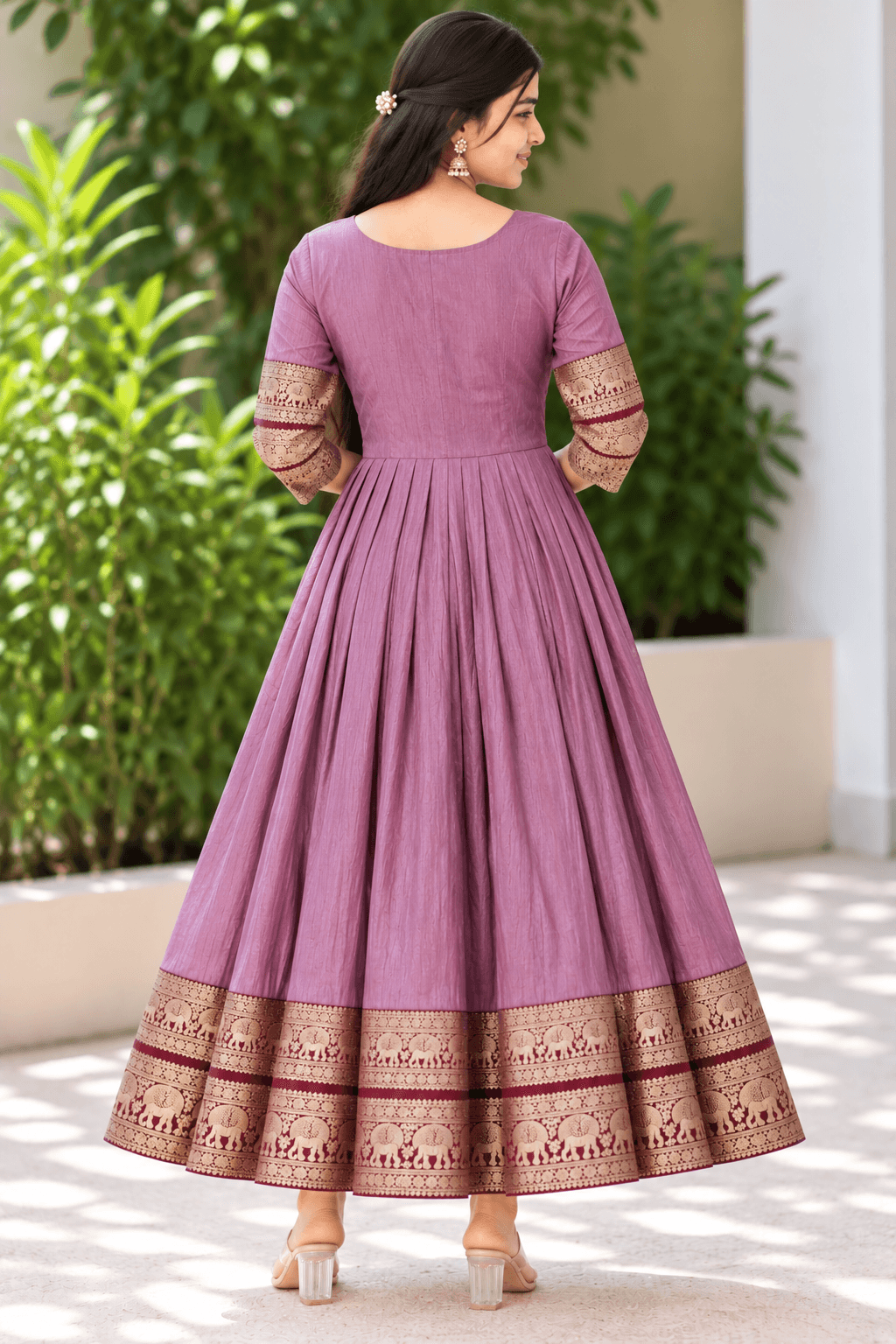 Elegant Dusty Mauve Anarkali Gown with Gold Zari Elephant Border in Dusty Mauve / Muted Purple 4
