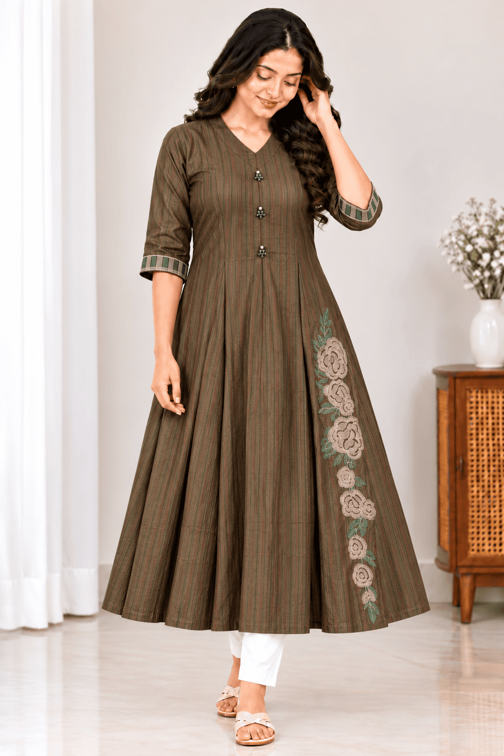 Olive Brown Striped Embroidered Maternity Feeding Kurti – Side Zip Flared Gown in Olive Brown  2