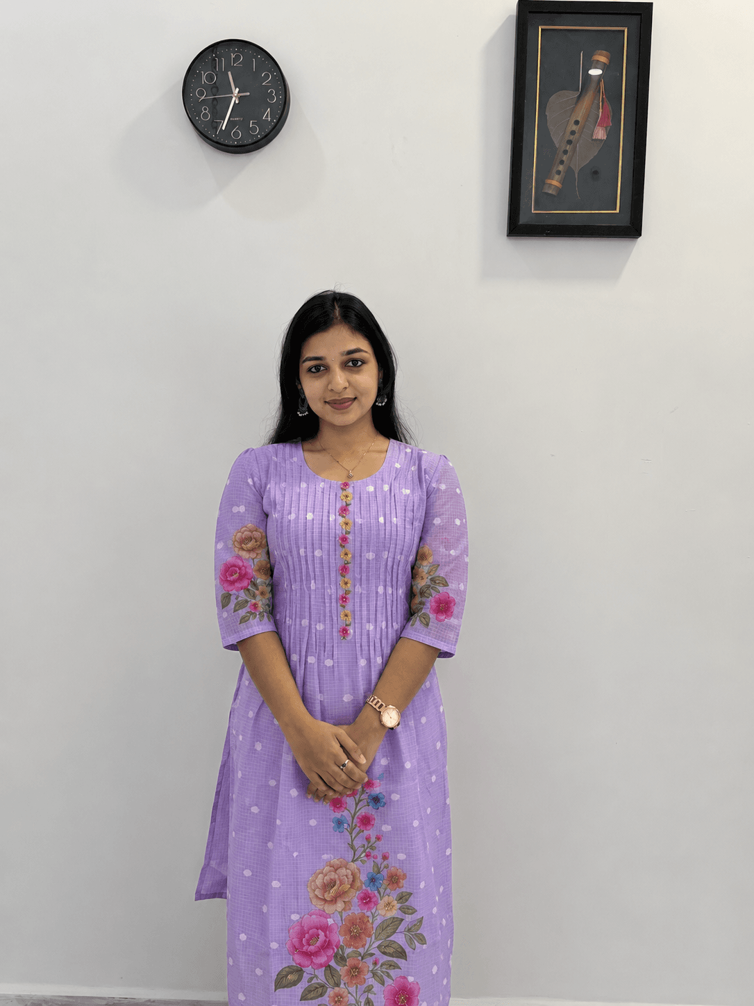 Women's Lavender Floral Printed Anarkali Kurti – 3/4 Sleeve Ethnic Wear in Lavender