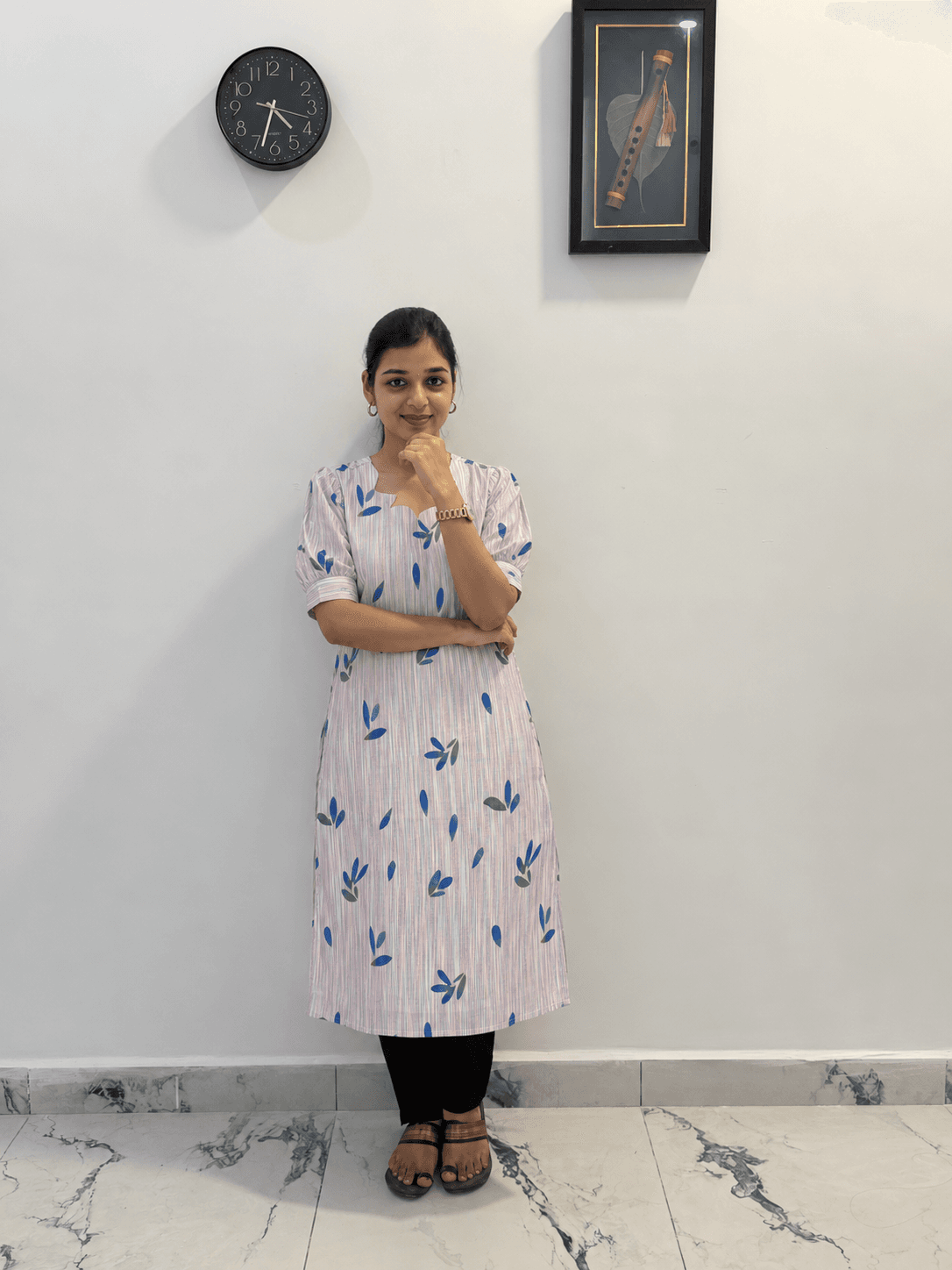 Women’s Pastel Pink Floral Printed Straight Kurti with Black Pant in White Blue