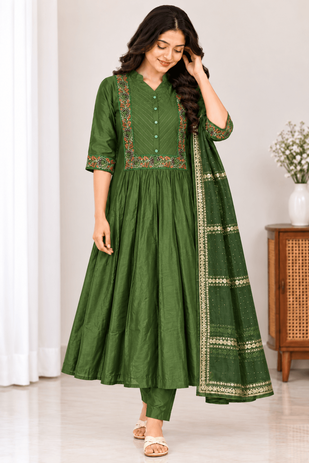 Bottle Green Embroidered Maternity Feeding Kurti Set with Pant & Dupatta in Bottle Green 2