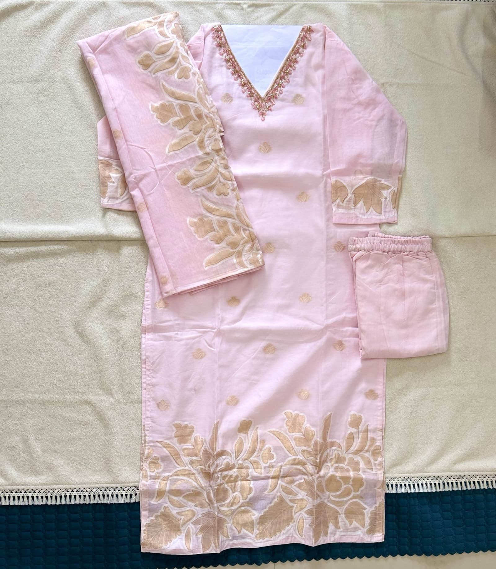 Pastel Pink Shimmer 3-Piece Kurti Set in Pastel Pink