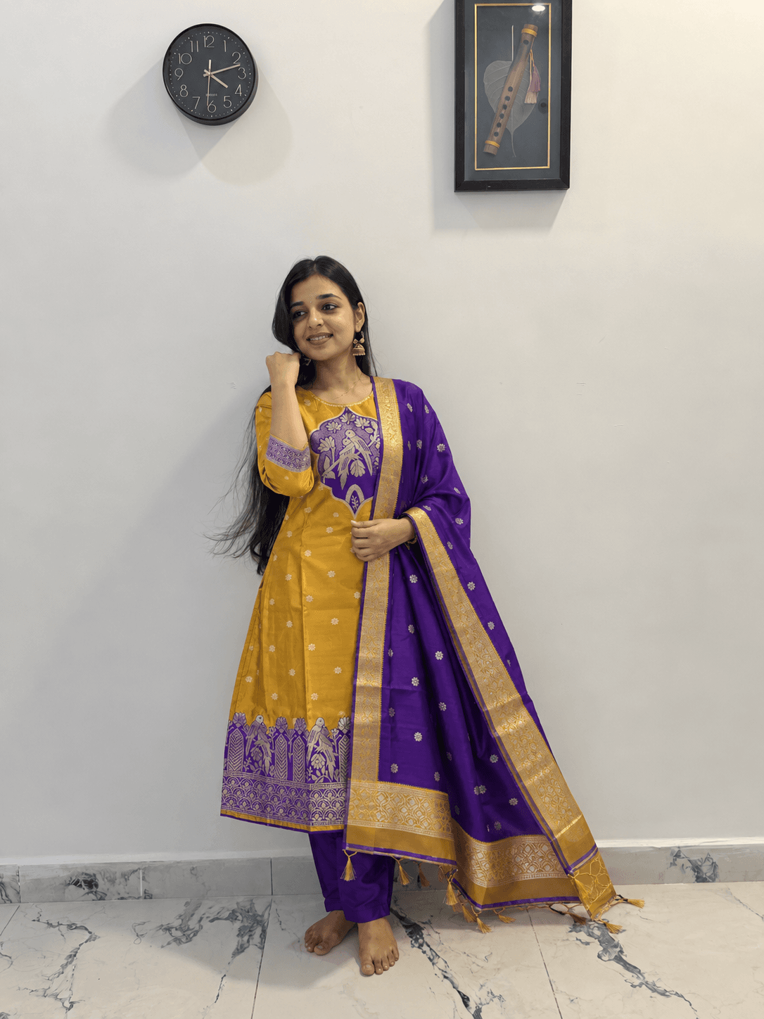 Women’s Mustard Yellow and Royal Purple Traditional Kurti Set with Gold Border Dupatta in Yellow Purple 1