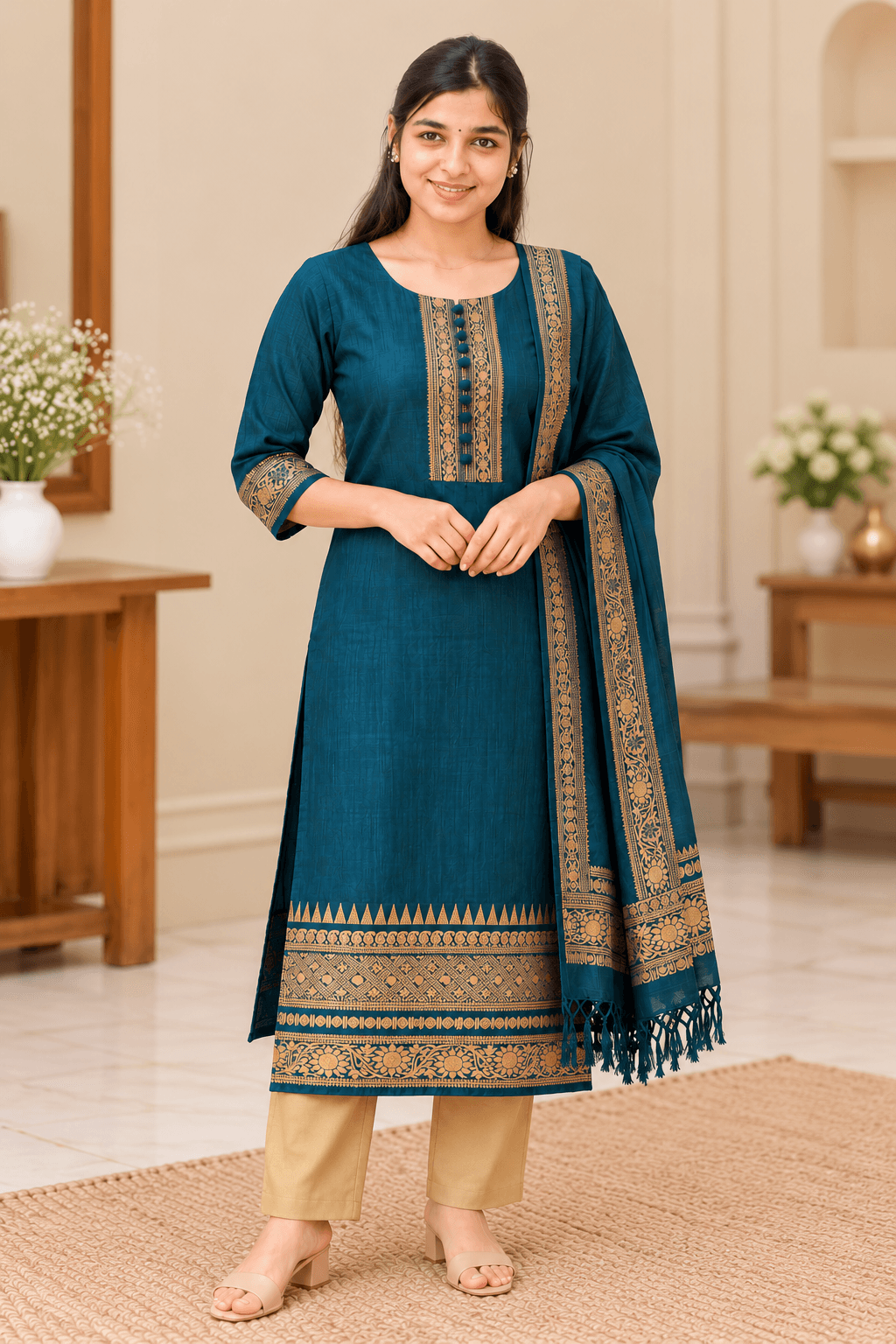 Women’s Teal Blue Raw Silk Kurti Pant Set with Dupatta in Teal Blue with Golden Detailing and Beige Pants