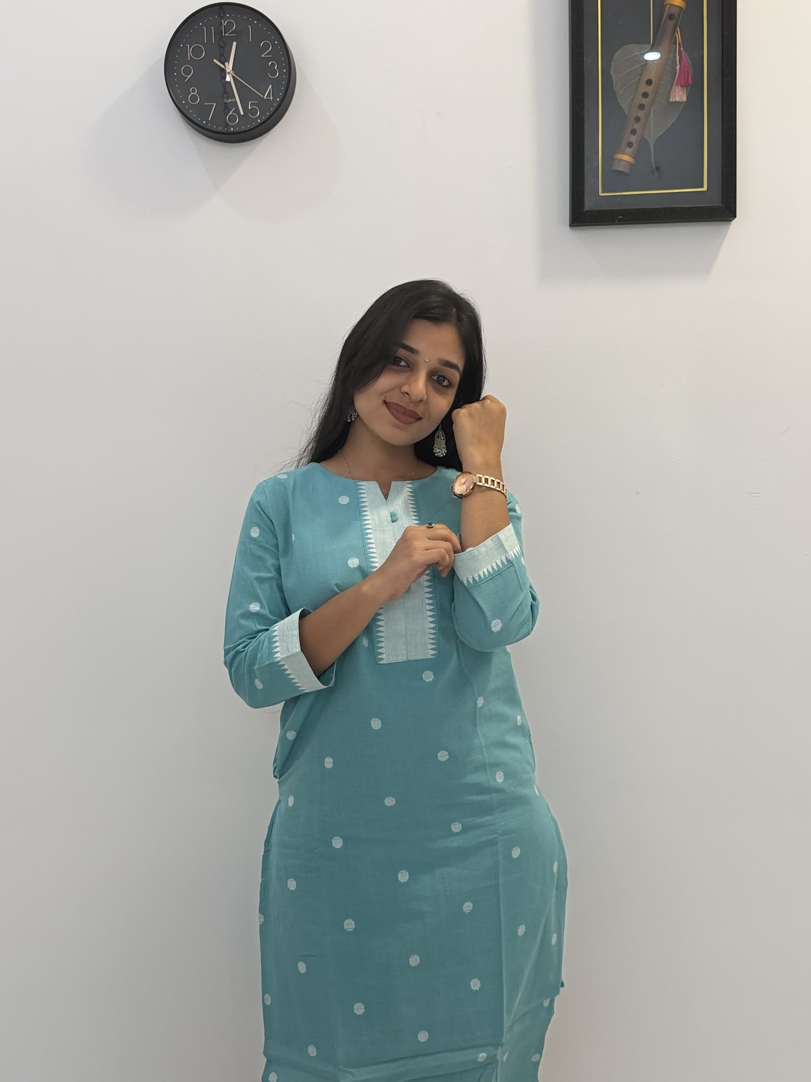 Cotton Teal Blue Printed Kurti Pant Set in Teal Blue / Sea Green with White Detailing  3