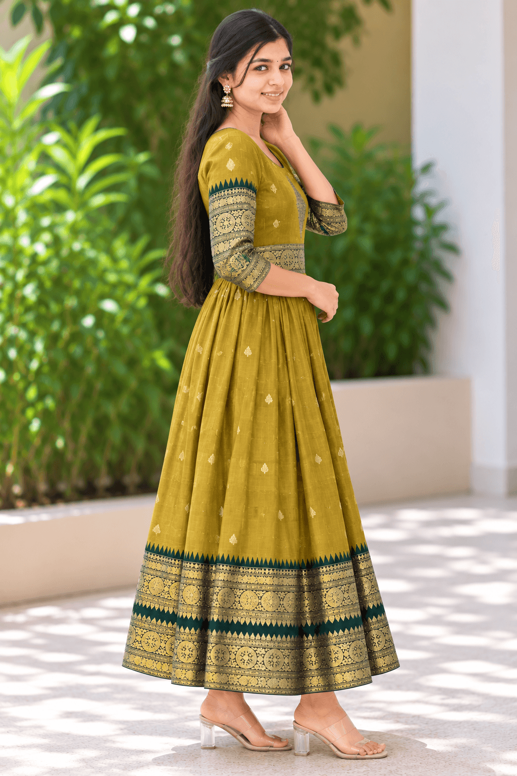 Olive Mustard Anarkali Gown with Traditional Gold Zari Border in Olive Mustard with Dark Green and Gold 2