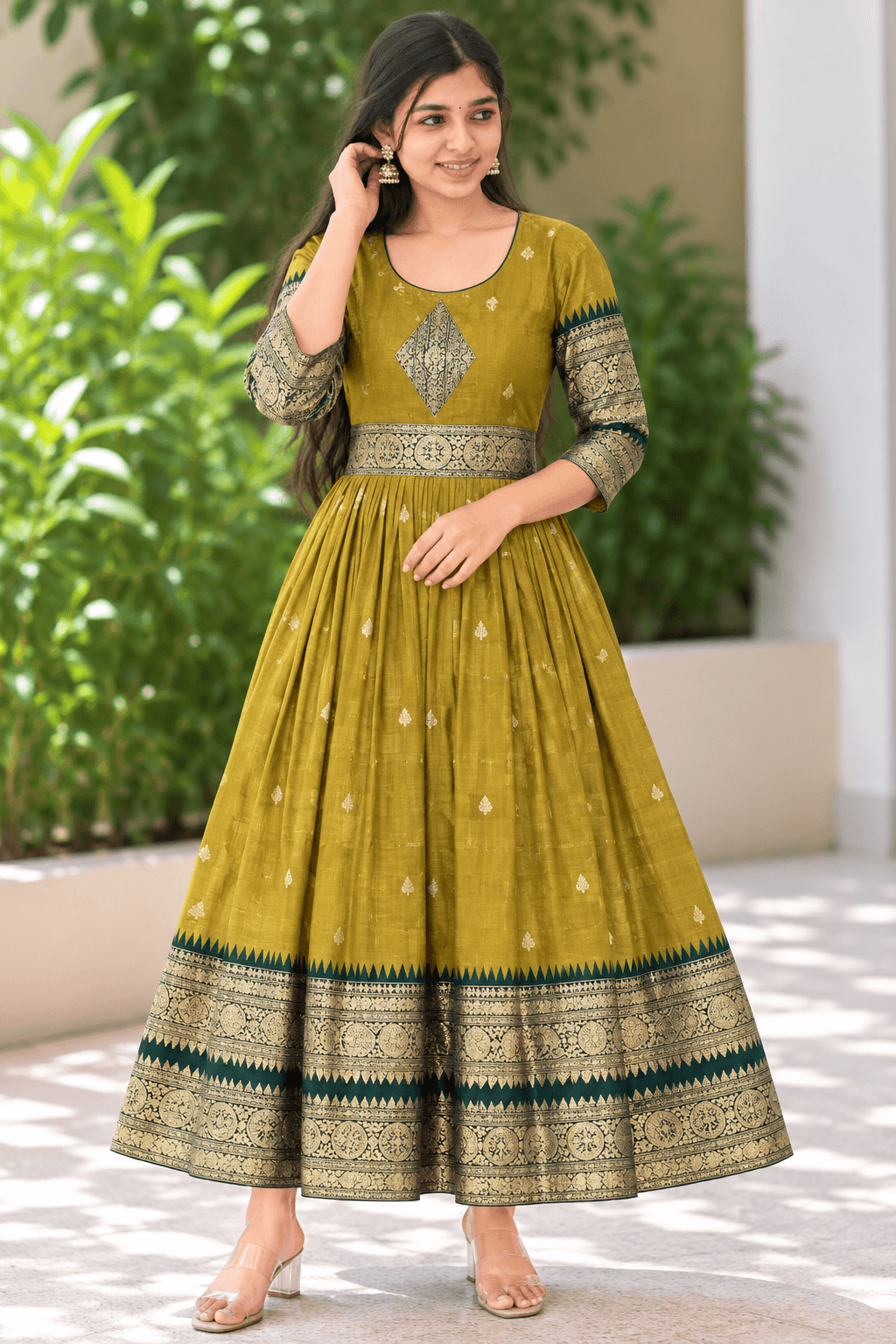 Olive Mustard Anarkali Gown with Traditional Gold Zari Border in Olive Mustard with Dark Green and Gold 1