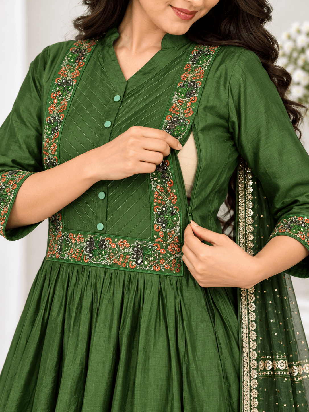 Bottle Green Embroidered Maternity Feeding Kurti Set with Pant & Dupatta in Bottle Green