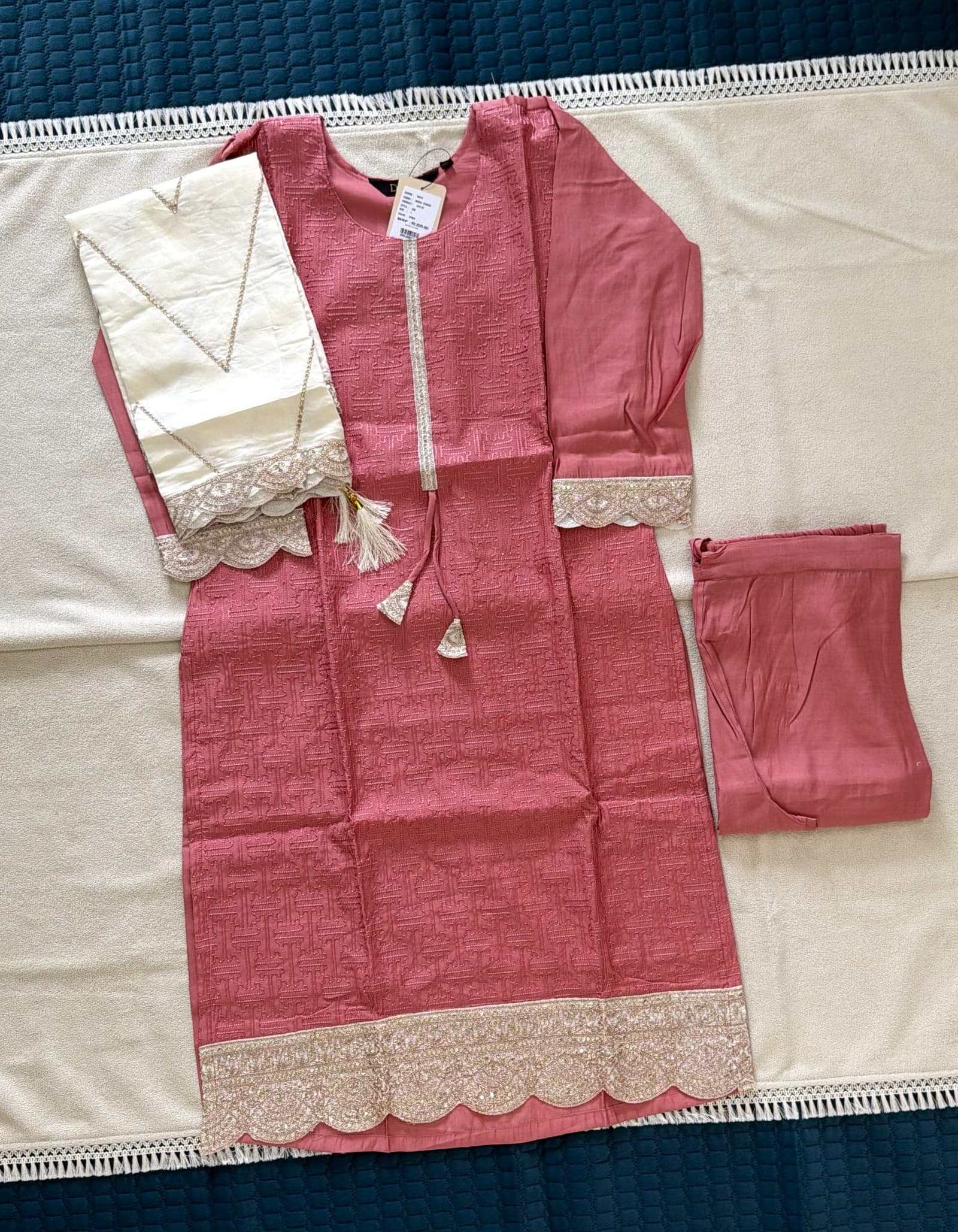 Women’s Dusty Rose Model Corded Kurti Set with Pant & Dupatta in Dusty Rose Pink with Ivory Detailing 2
