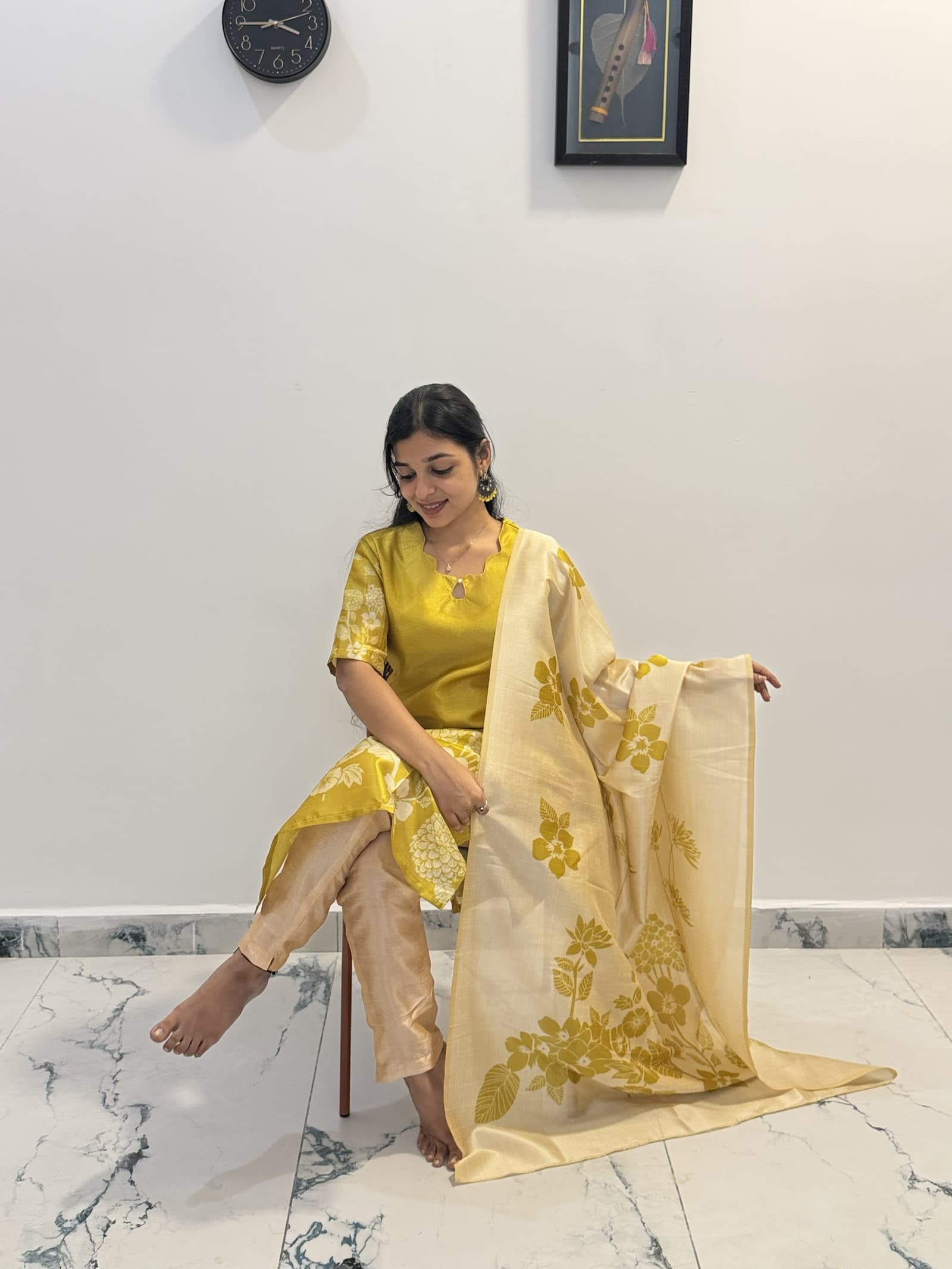 Assam Silk Floral Printed Kurti Pant & Dupatta Set in Mustard Yellow & Cream / Off-White  4