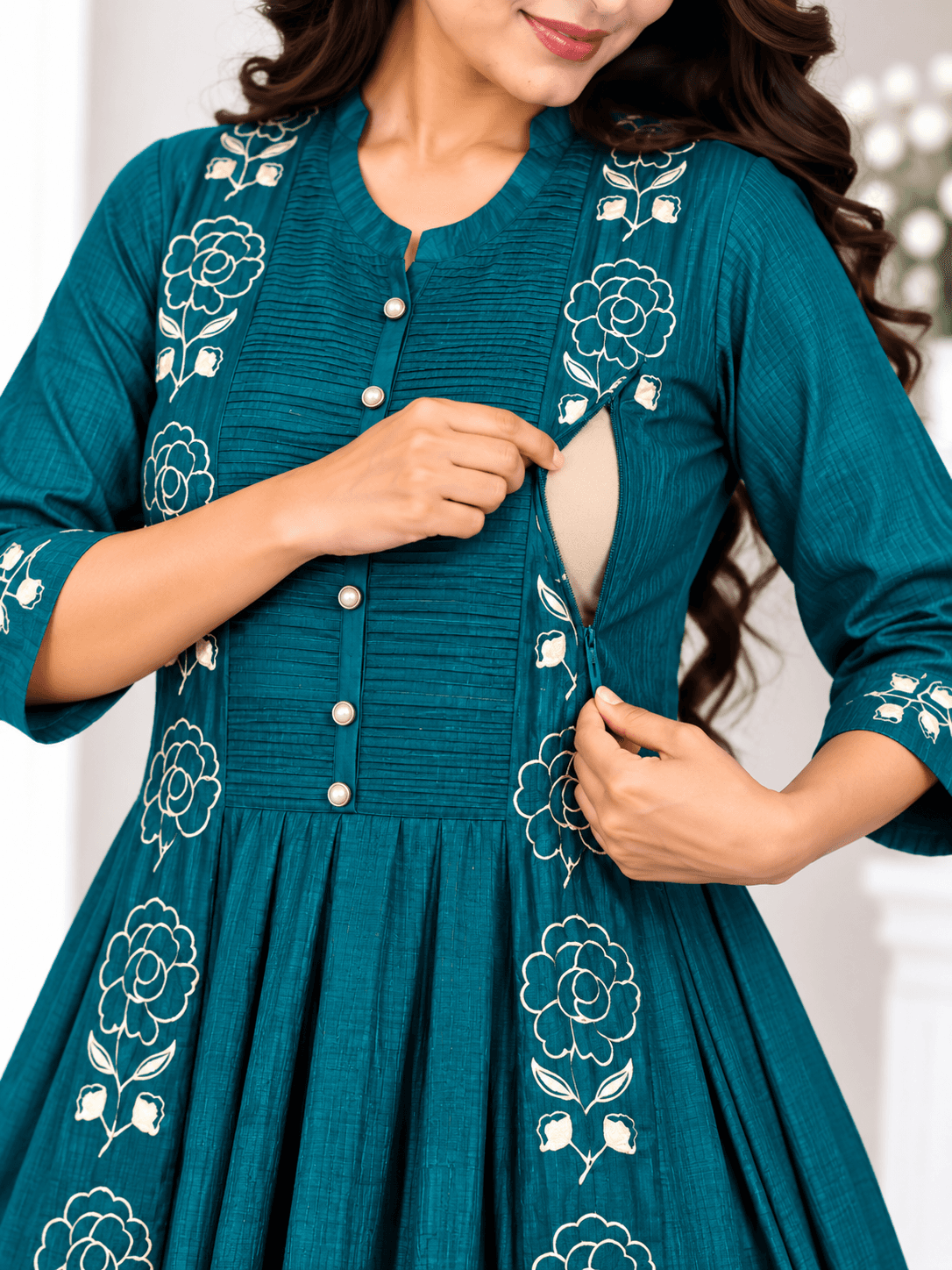 Teal Blue Floral Embroidered Maternity Feeding Kurti – Front Button Flared Gown in Teal Blue 1