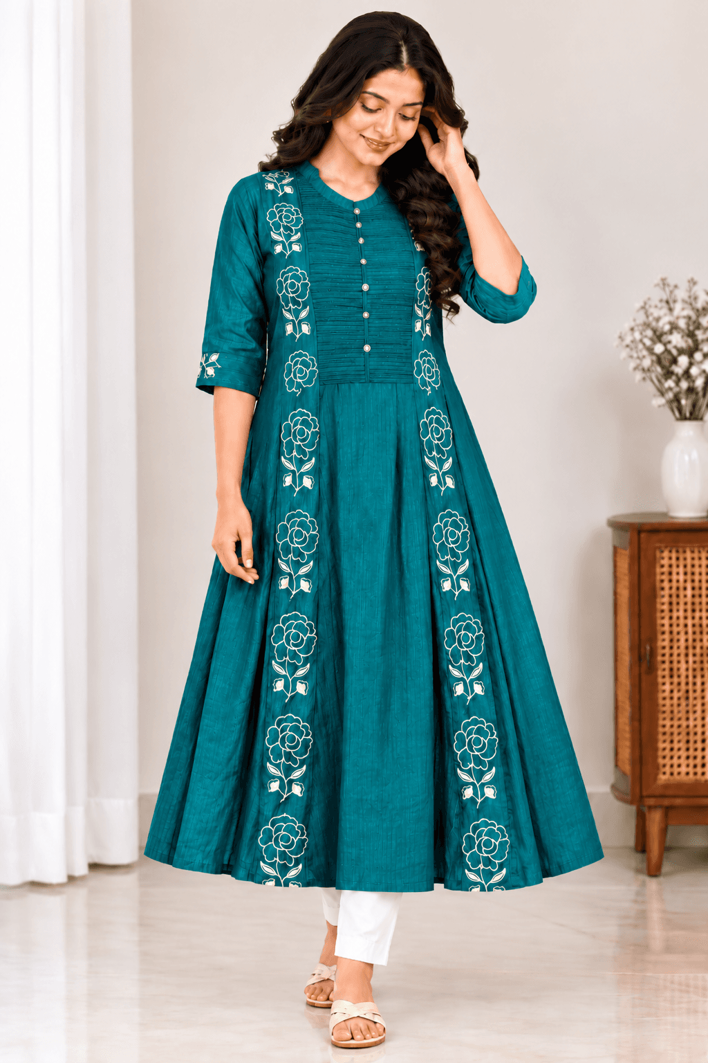 Teal Blue Floral Embroidered Maternity Feeding Kurti – Front Button Flared Gown in Teal Blue 2