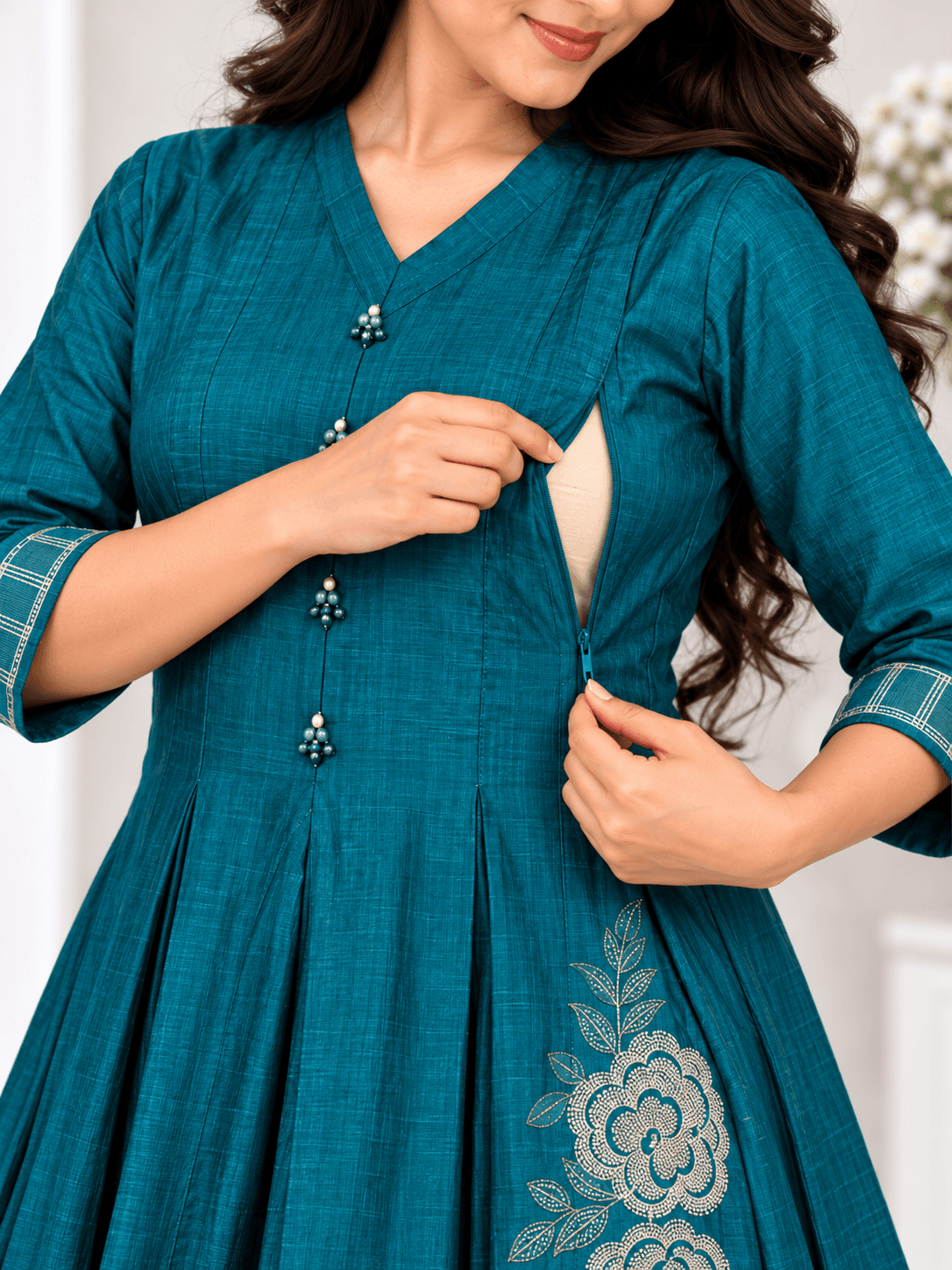 Teal Blue Embroidered Maternity Feeding Kurti – Side Zip Flared Gown in  Teal Blue 1