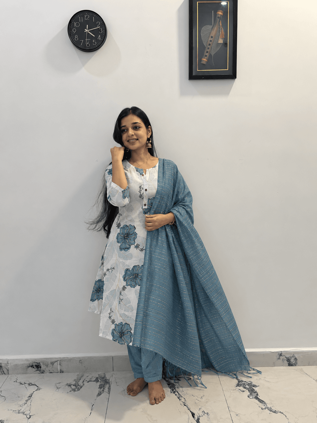 Women’s White Floral Printed Kurti Set with Blue Pants and Striped Blue Dupatta in White Blue 1
