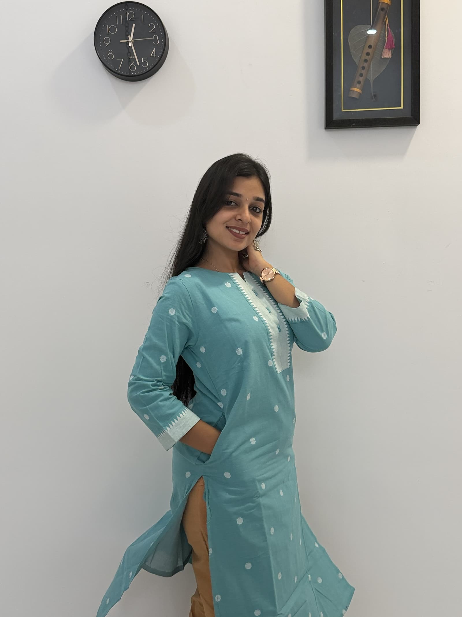 Cotton Teal Blue Printed Kurti Pant Set in Teal Blue / Sea Green with White Detailing  2