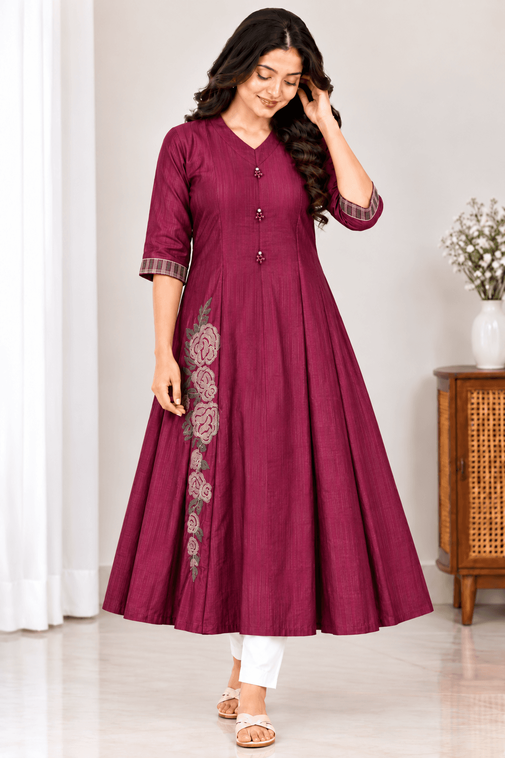 Wine Purple Embroidered Maternity Feeding Kurti – Side Zip Flared Gown in wine  2