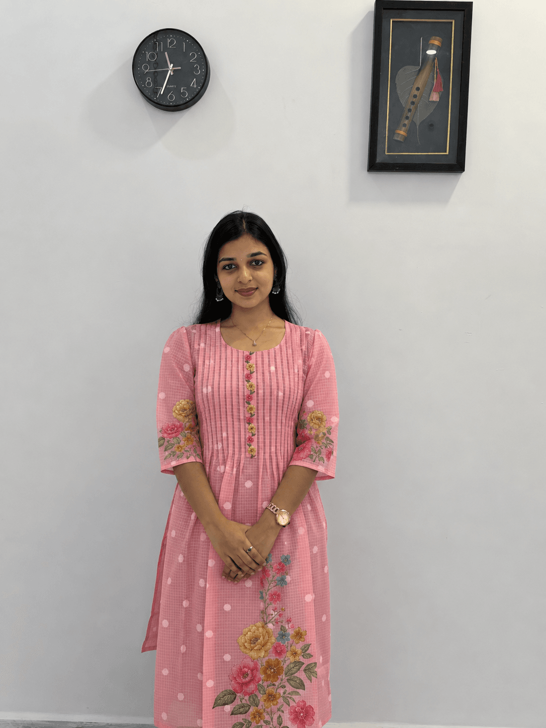 Women's Pink Floral Printed Anarkali Kurti – 3/4 Sleeve Ethnic Wear in Pink