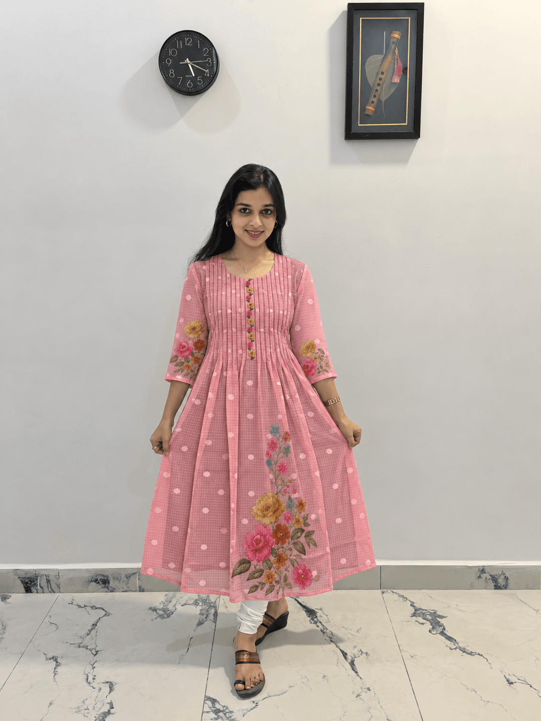 Women's Pink Floral Printed Anarkali Kurti – 3/4 Sleeve Ethnic Wear in Pink 2
