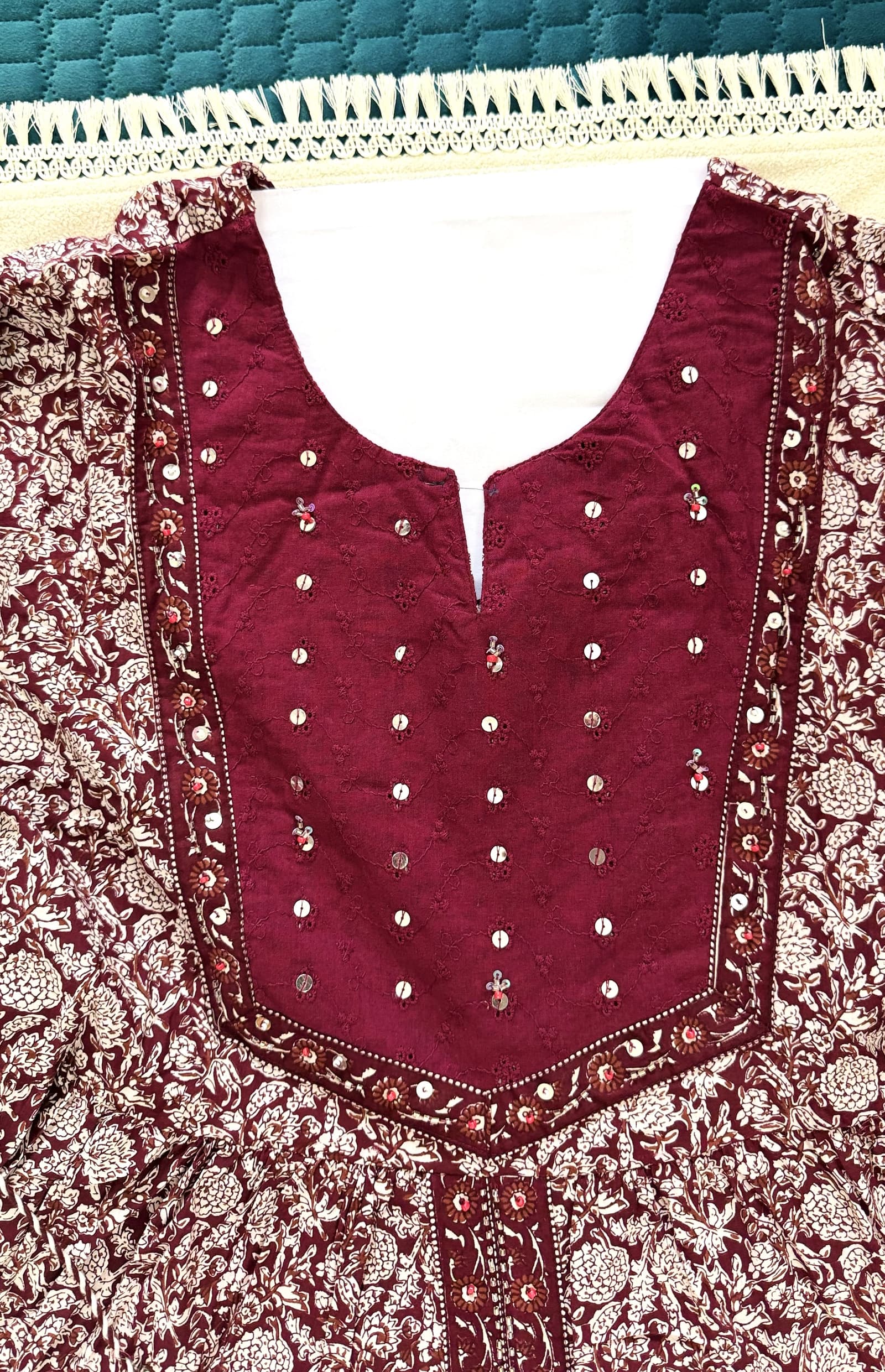 Maroon Printed Cotton Anarkali Kurti in Maroon