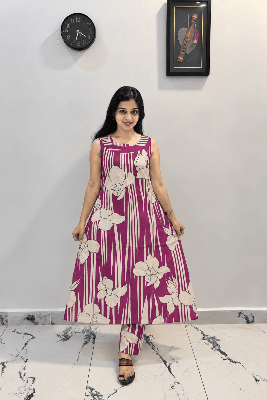 Magenta Pink Floral Striped Sleeveless A-Line Kurti with Matching Pant in Magenta Pink