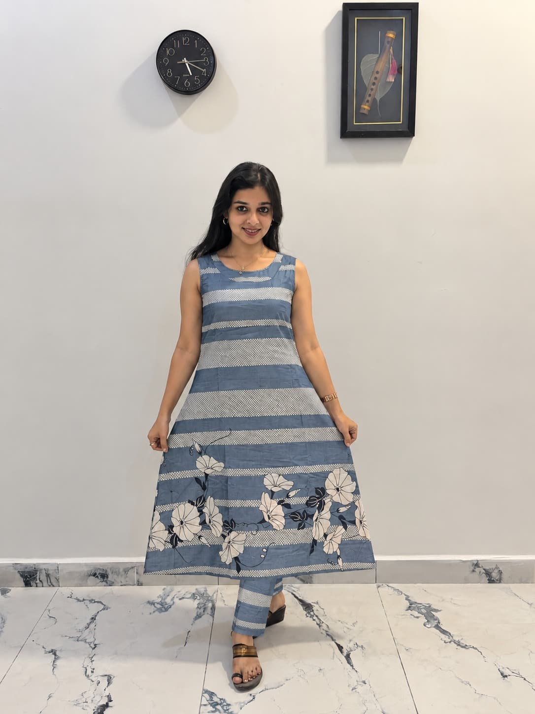 Denim Blue Striped Floral Printed Sleeveless A-Line Kurti with Matching Pant in Denim Blue