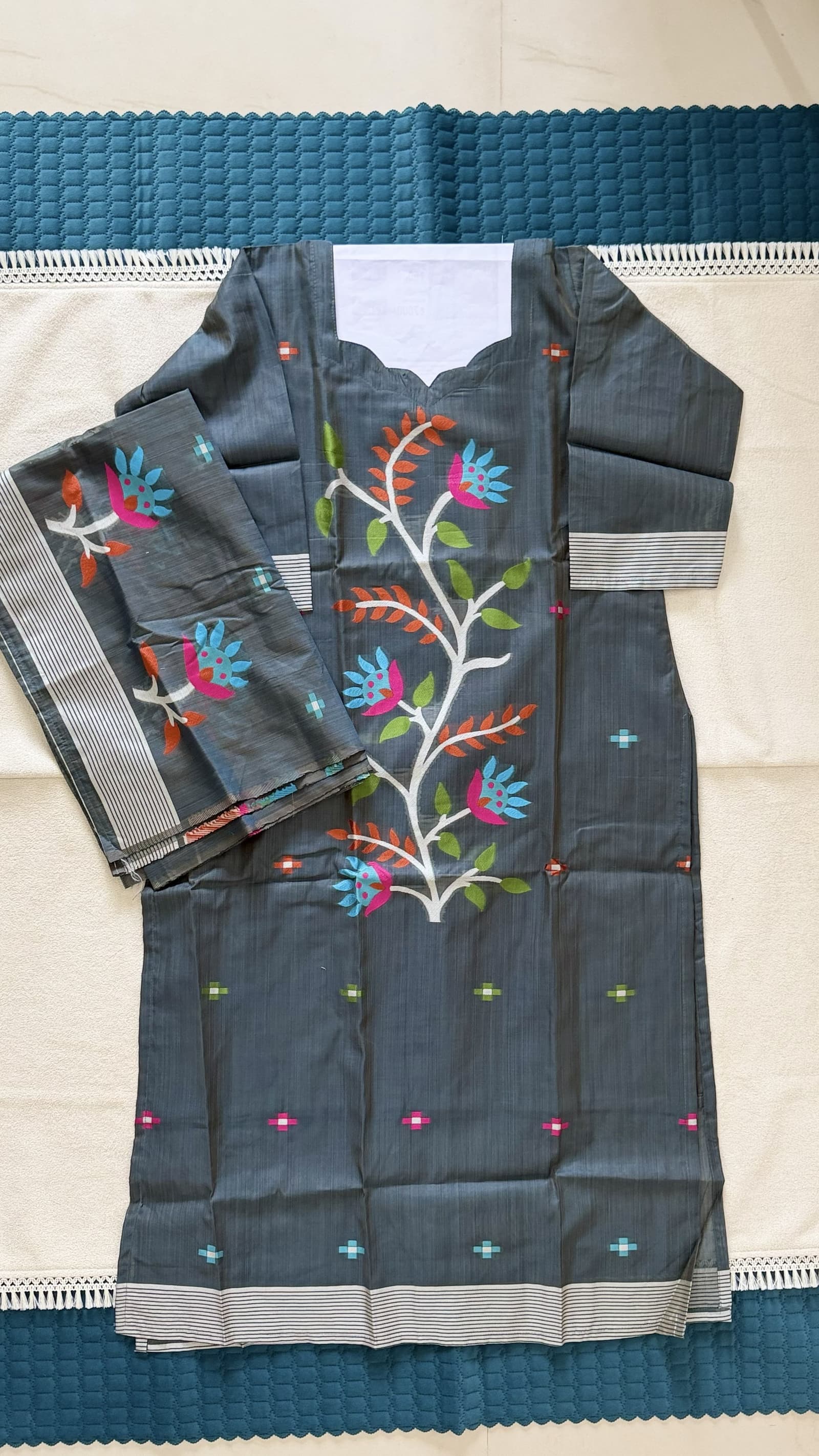 Charcoal Jamunthi Printed Kurti with Dupatta in Charcoal Grey
