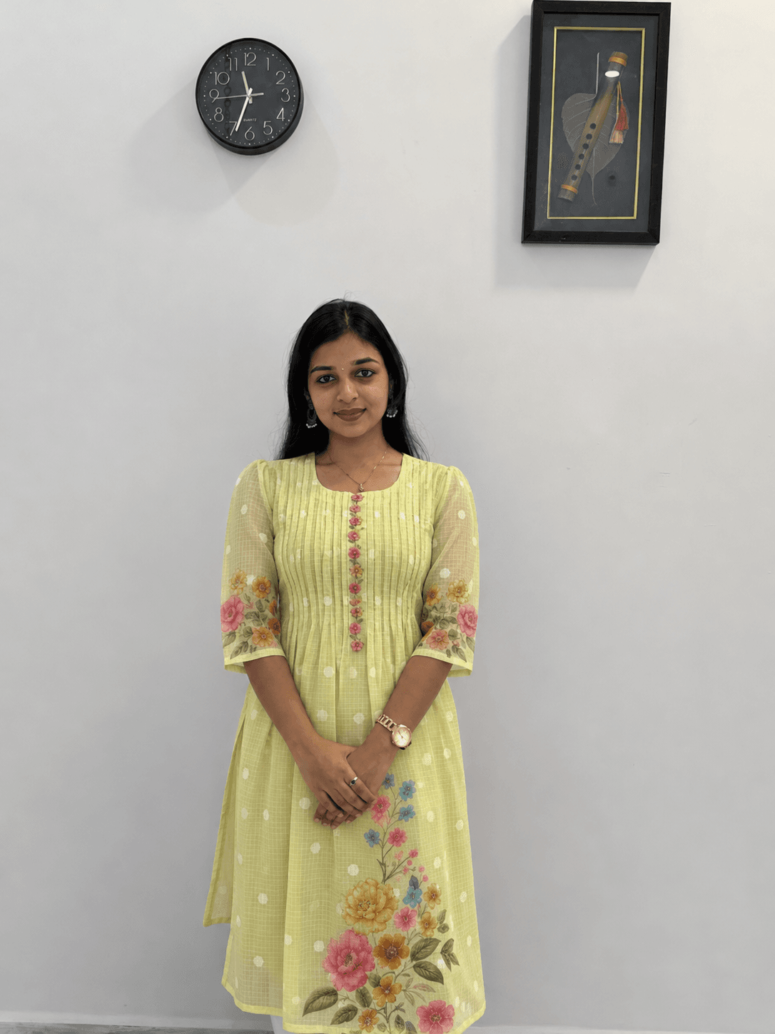 Women's Lime Yellow Floral Printed Anarkali Kurti – 3/4 Sleeve Ethnic Wear in Lime Yellow 2