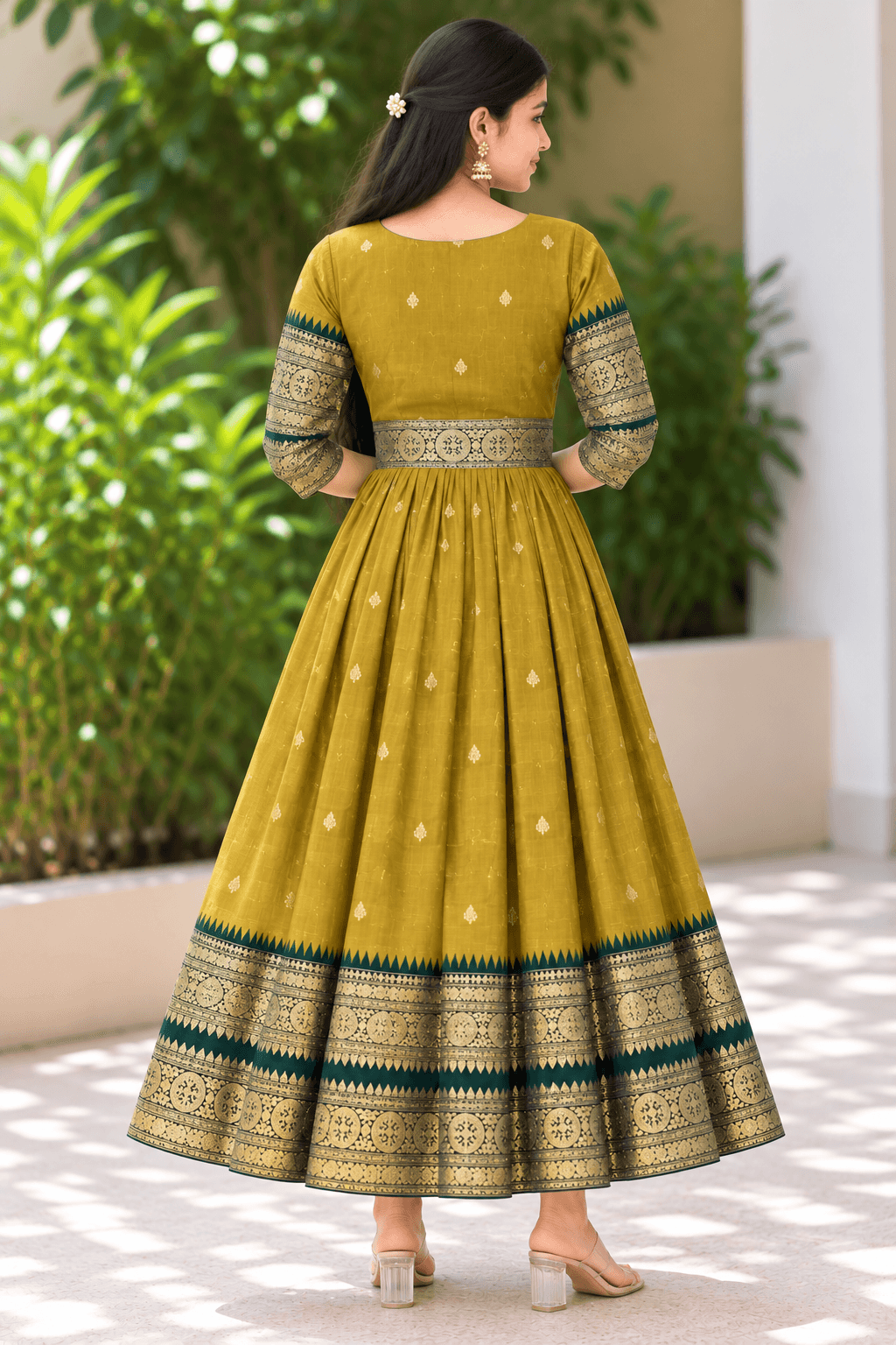 Olive Mustard Anarkali Gown with Traditional Gold Zari Border in Olive Mustard with Dark Green and Gold 3