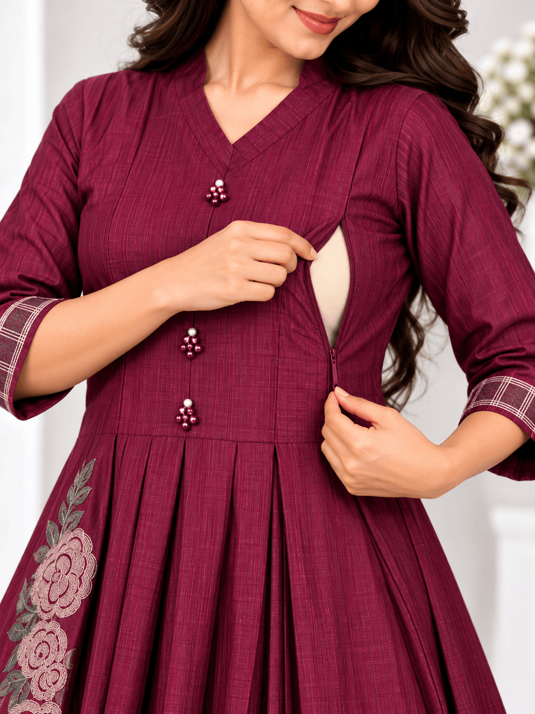 Wine Purple Embroidered Maternity Feeding Kurti – Side Zip Flared Gown in wine  1