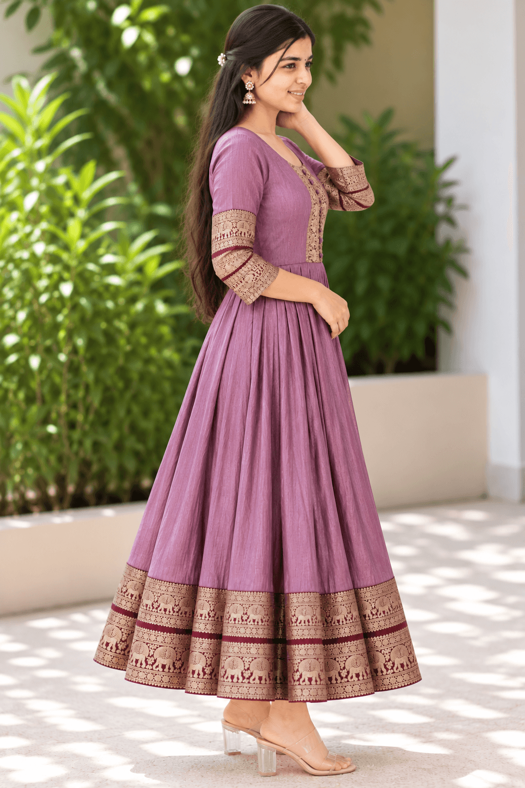 Elegant Dusty Mauve Anarkali Gown with Gold Zari Elephant Border in Dusty Mauve / Muted Purple 2