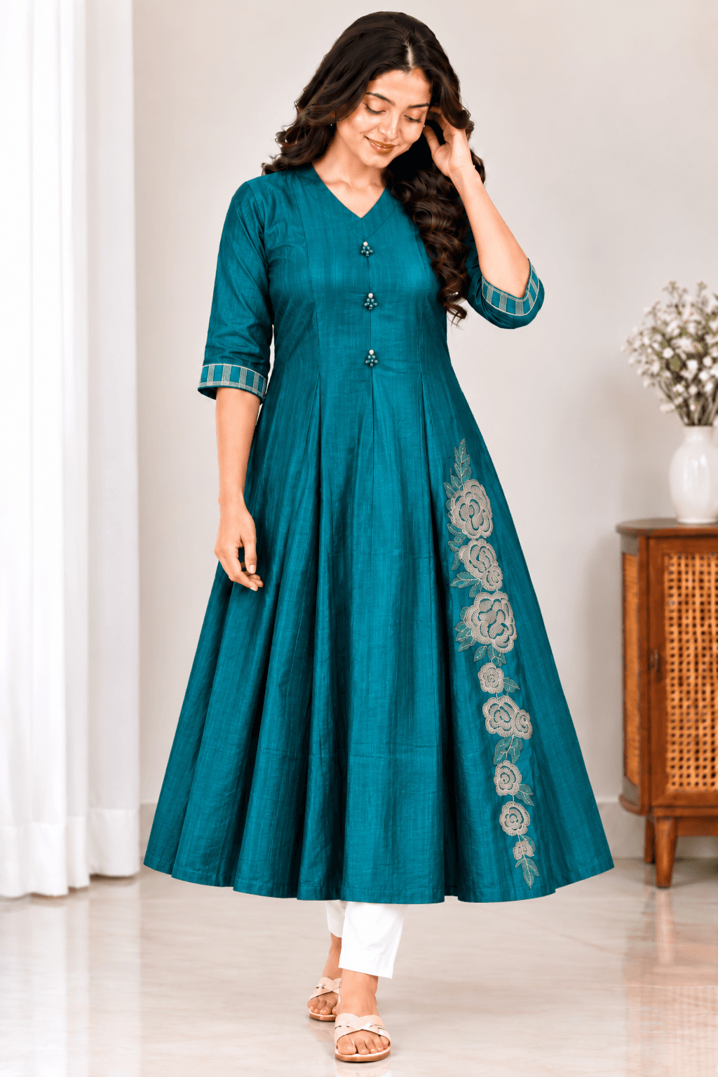 Teal Blue Embroidered Maternity Feeding Kurti – Side Zip Flared Gown in  Teal Blue 2