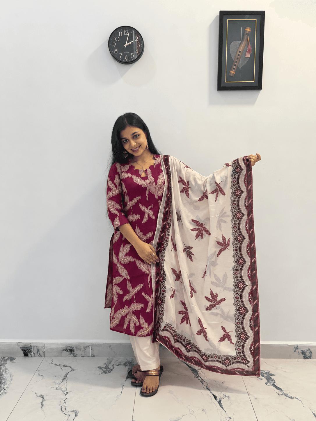 Women’s Wine Maroon Printed Kurti Set with Cream Pant and Matching Floral Dupatta in Maroon 1
