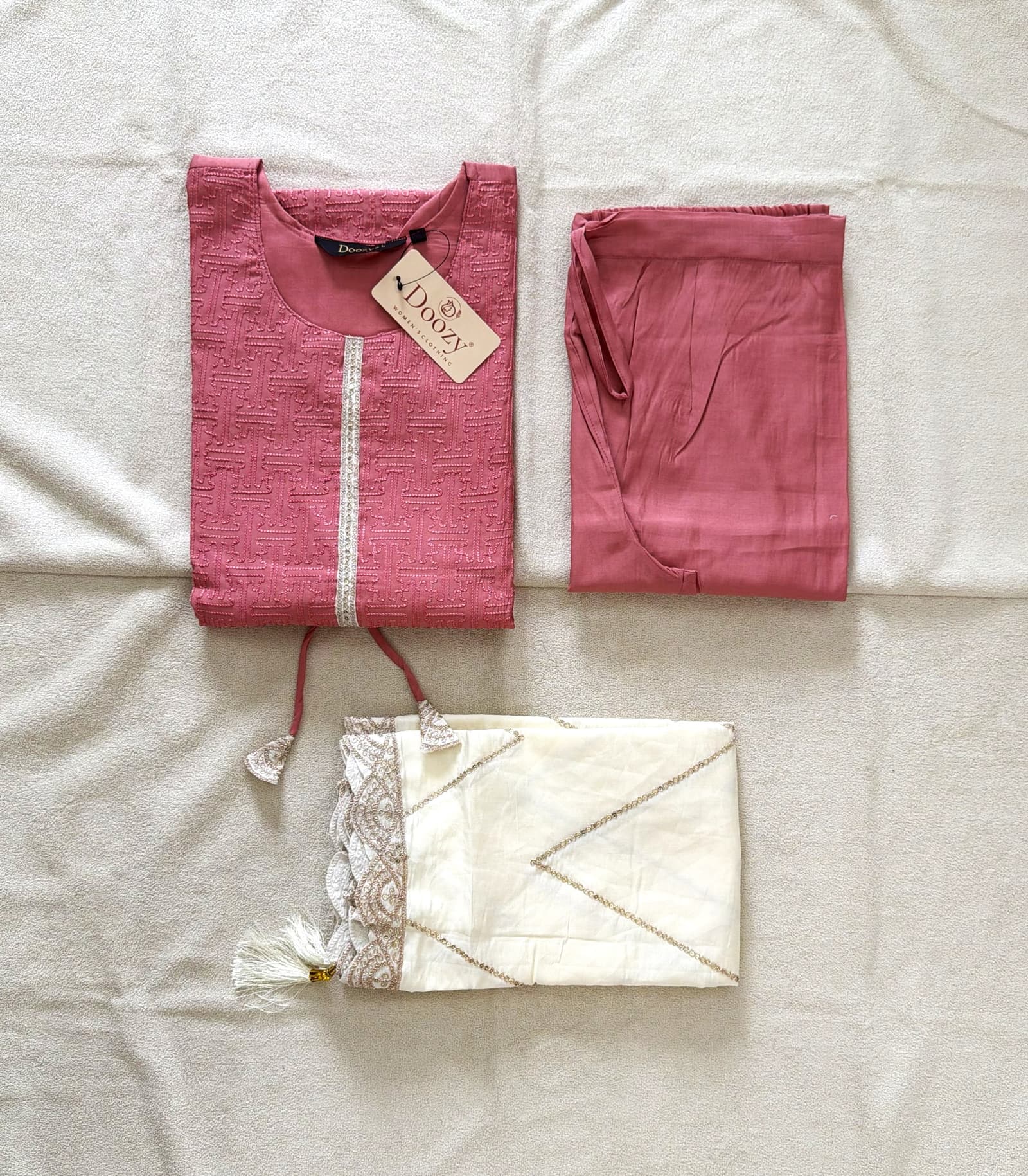 Women’s Dusty Rose Model Corded Kurti Set with Pant & Dupatta in Dusty Rose Pink with Ivory Detailing 1