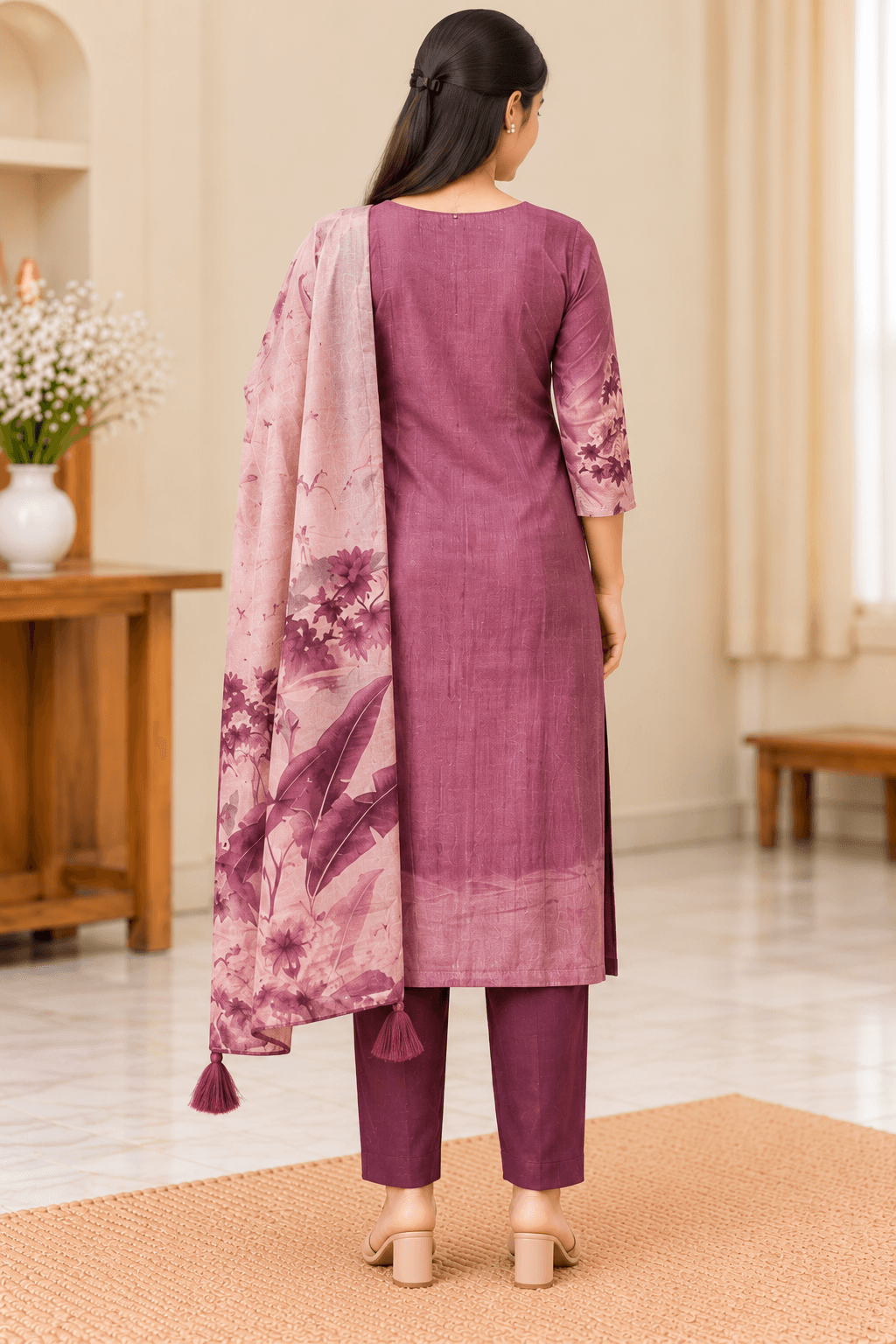 Women’s Fancy Printed Kurti Pant Set with Dupatta in Dusty Pink and Mauve with Floral Prints