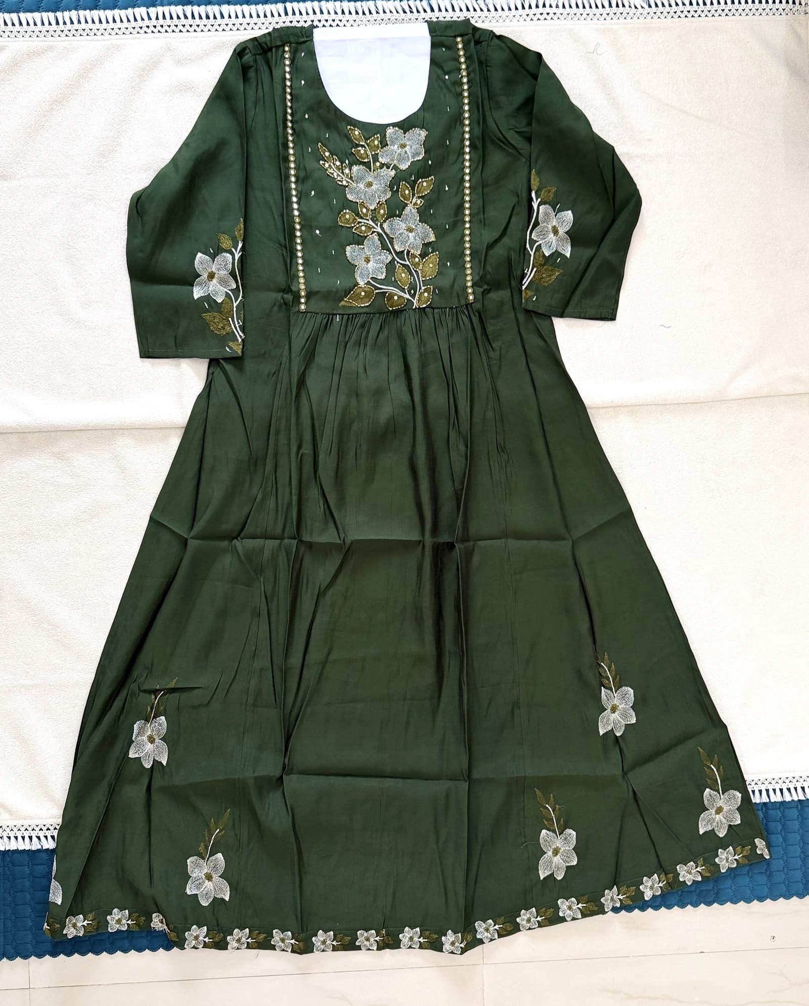 Dark Green Mulchanthri Flared Anarkali Kurti in Dark Green