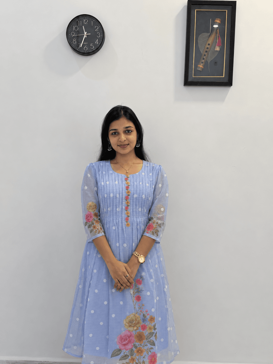 Women's Sky Blue Floral Printed Anarkali Kurti – 3/4 Sleeve Ethnic Wear in Sky Blue