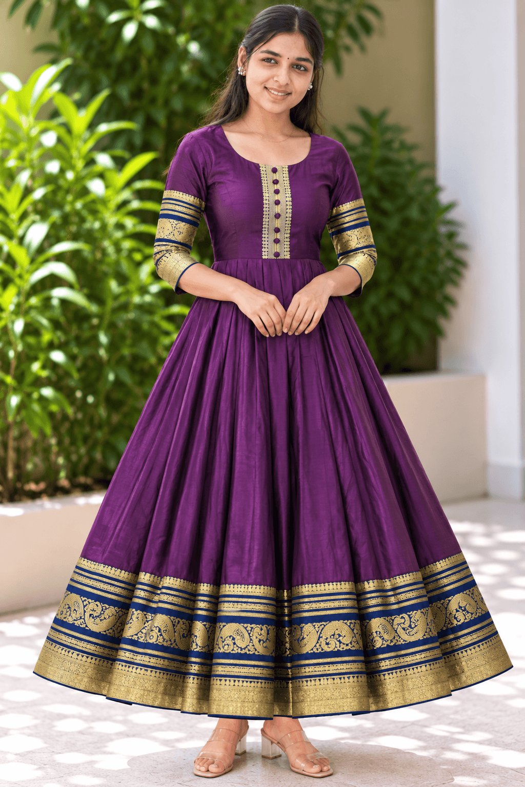 Royal Purple Anarkali Gown with Navy Blue and Gold Zari Border in Royal Purple with Navy Blue and Gold 1