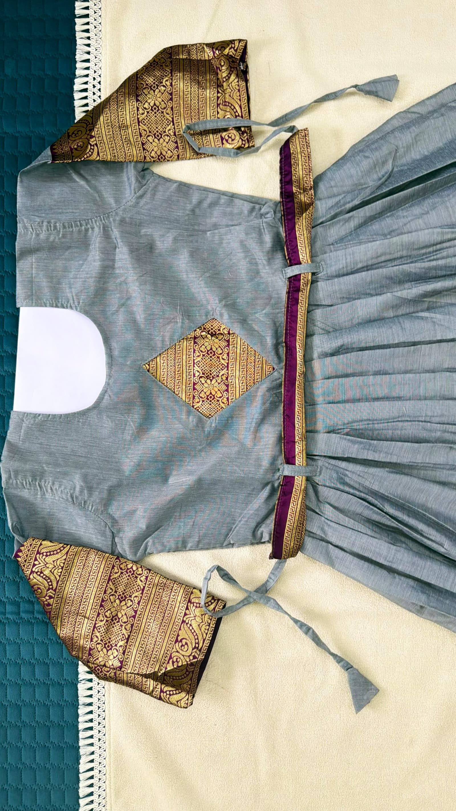 Elegant Steel Grey Anarkali Gown with Maroon and Antique Gold Zari Border in Steel Grey with Maroon and Antique Gold