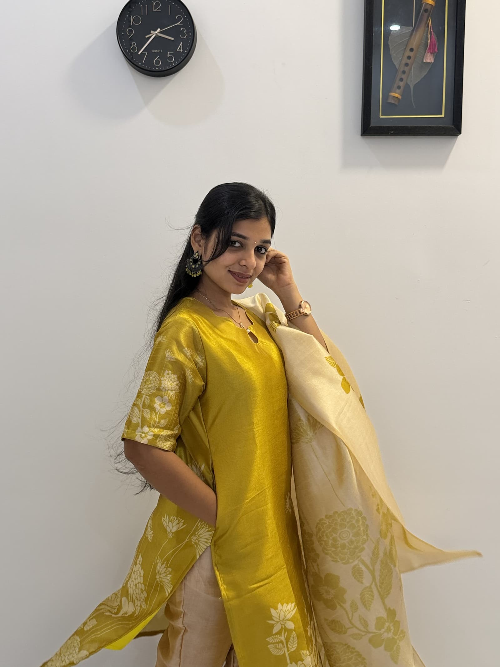 Assam Silk Floral Printed Kurti Pant & Dupatta Set in Mustard Yellow & Cream / Off-White  2