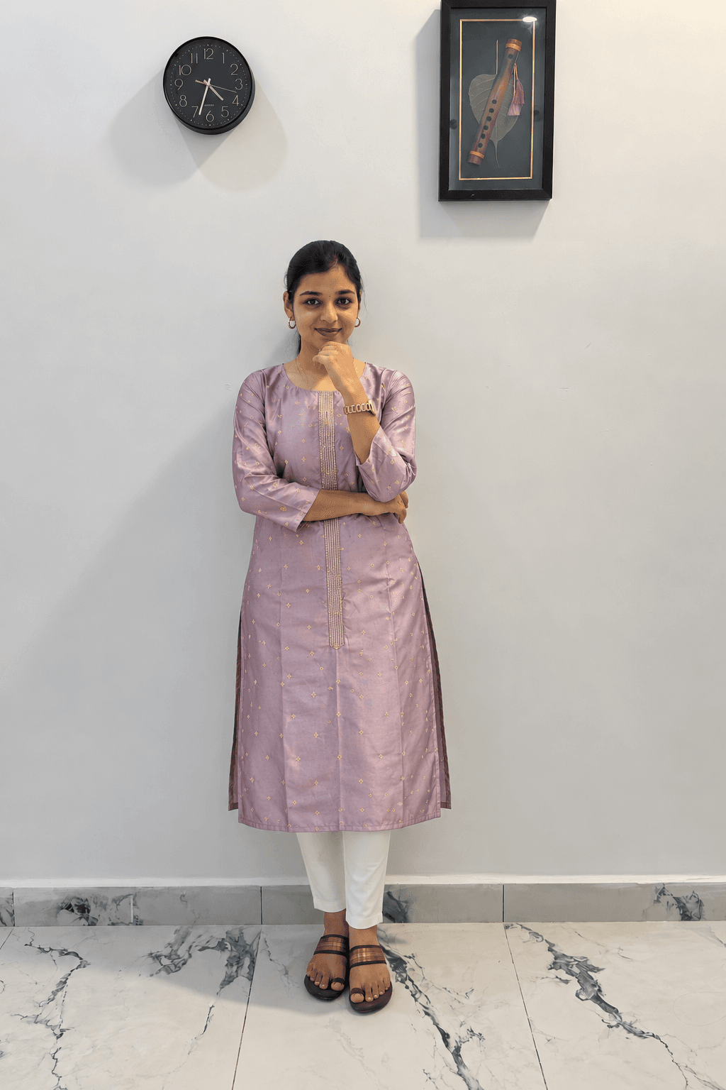 Lavender Purple Embroidered Straight Kurti with White Pant in Lavender Purple 1