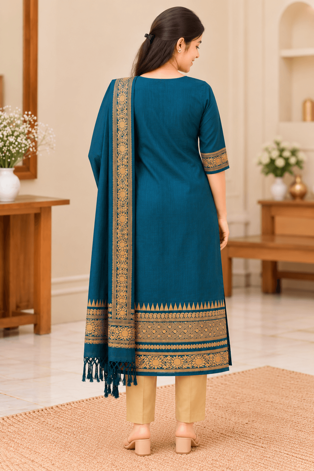 Women’s Teal Blue Raw Silk Kurti Pant Set with Dupatta in Teal Blue with Golden Detailing and Beige Pants